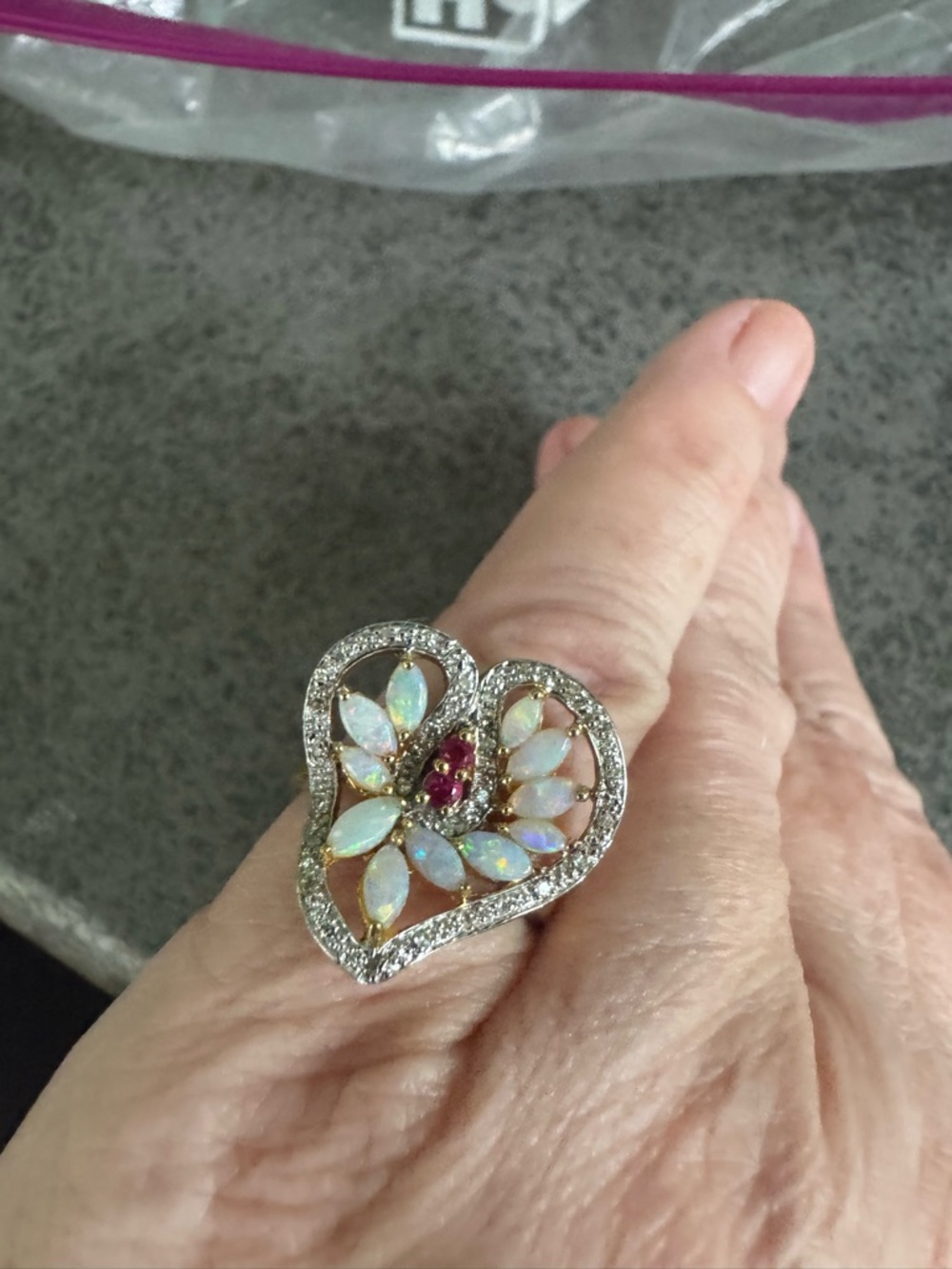 14K Fire Opals and Rubies Heart Ring surrounded by diamonds